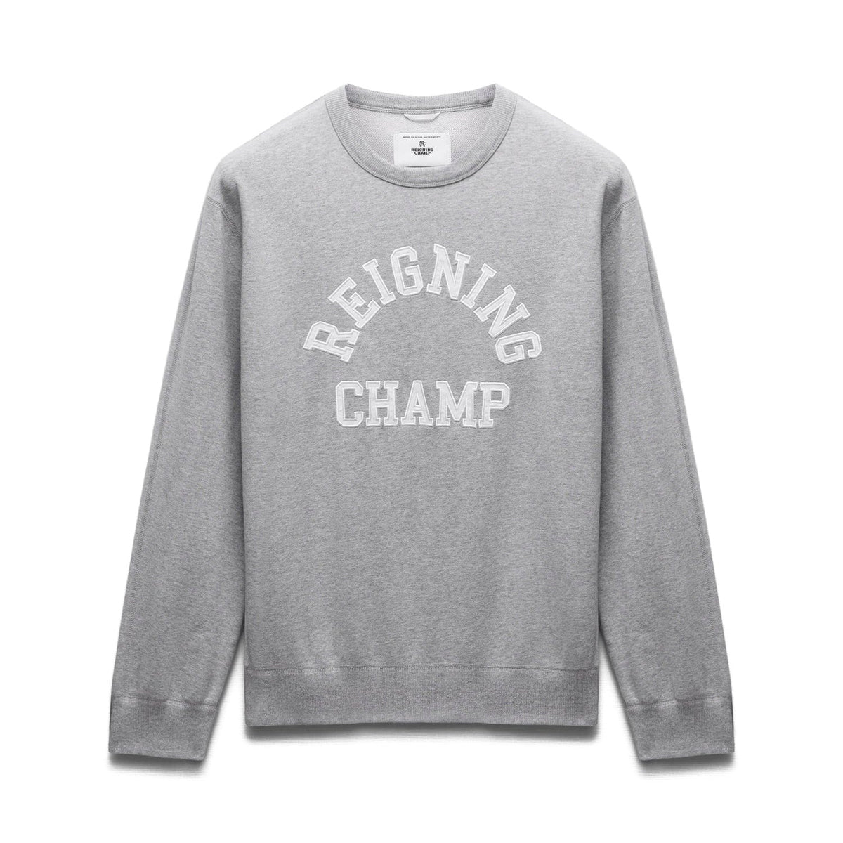 Reigning Champ Men Knit Midweight Terry Classic Arch Logo Crewneck Heather Grey